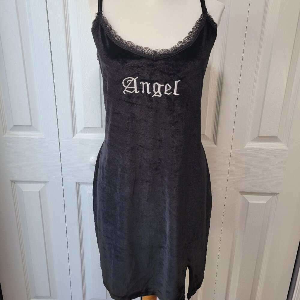 SHEIN Curve Black Velveteen Lace ANGEL Embroidered Strappy Dress sz XXL 2X Y2K